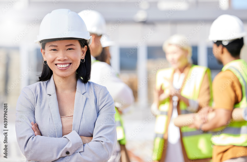 Construction worker, architecture and Asian woman on engineering site with team or designers for pro