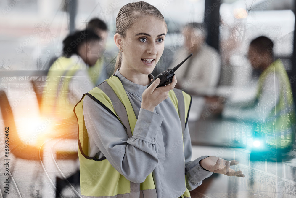 Walkie talkie, engineering overlay and woman in office for construction, infrastructure and maintena