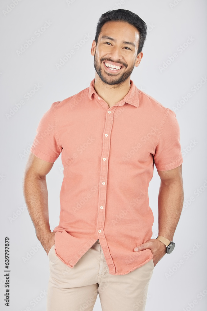 Happy, fashion and portrait of business Asian man in studio for confidence, pride and smile. Confide