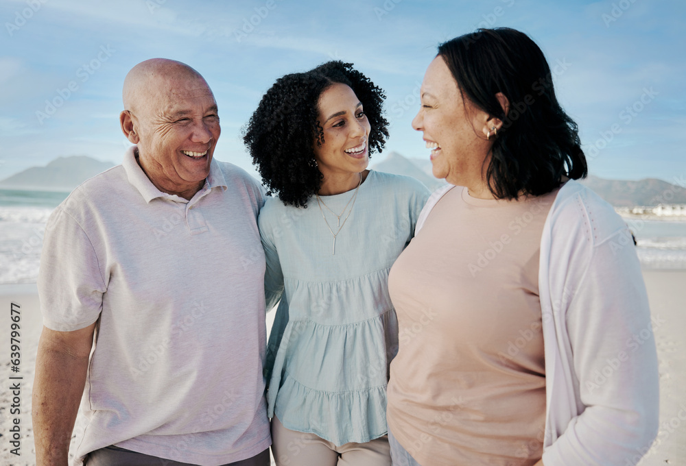 Happy family, beach and woman with senior parents hug, laugh and bond in nature together. Smile, lov