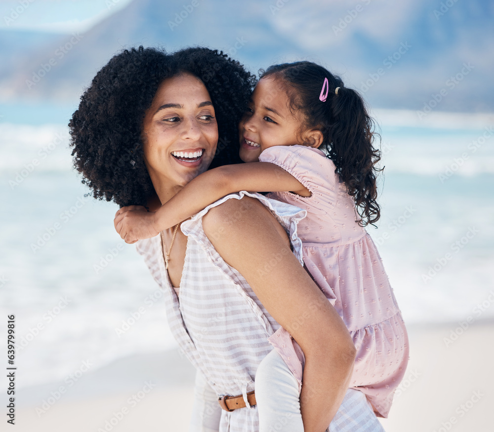 Happy, piggyback and mother with child at the beach on a family vacation, adventure or holiday. Smil