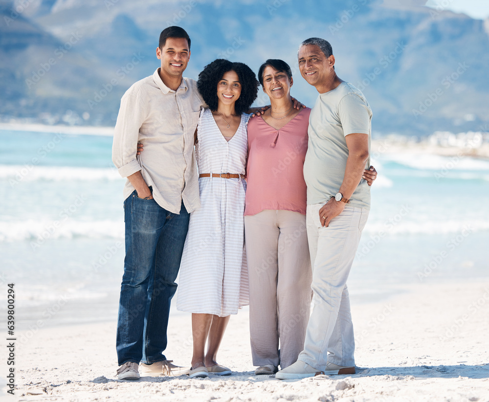 Beach, portrait and happy family, men and women together with smile, love and hug on summer holiday 