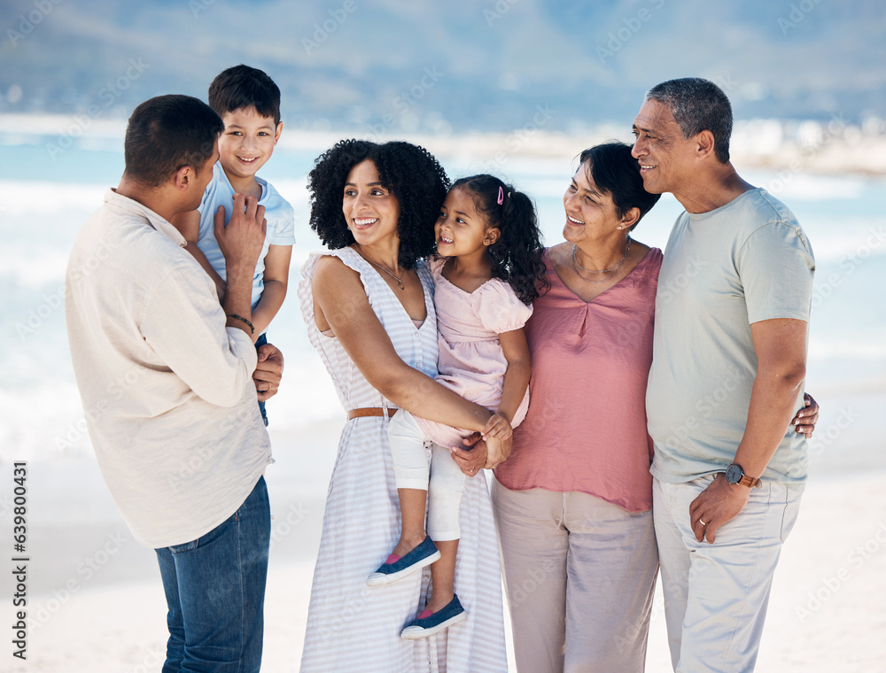 Grandparents, kids and parents at beach, big family or talk with smile, care or bonding on vacation.