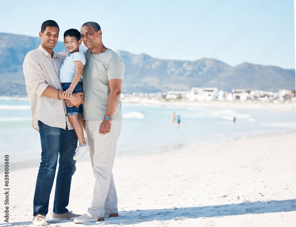 Mockup, portrait and family at the beach for a vacation, walking by the sea or travel together. Spac