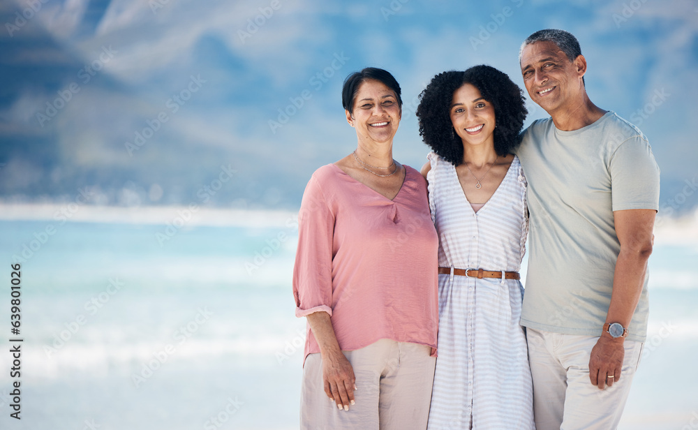 Beach, senior parents and daughter in beach together with smile, love and hug on summer holiday in M