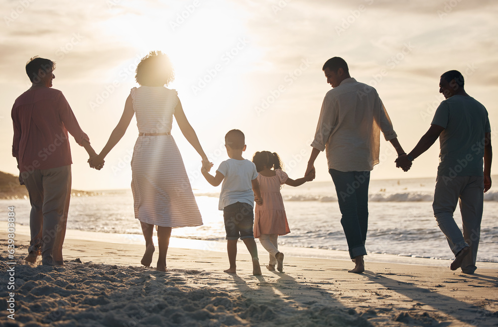 Beach, sunset and back of family holding hands in nature for travel, bond and fun together. Rear vie