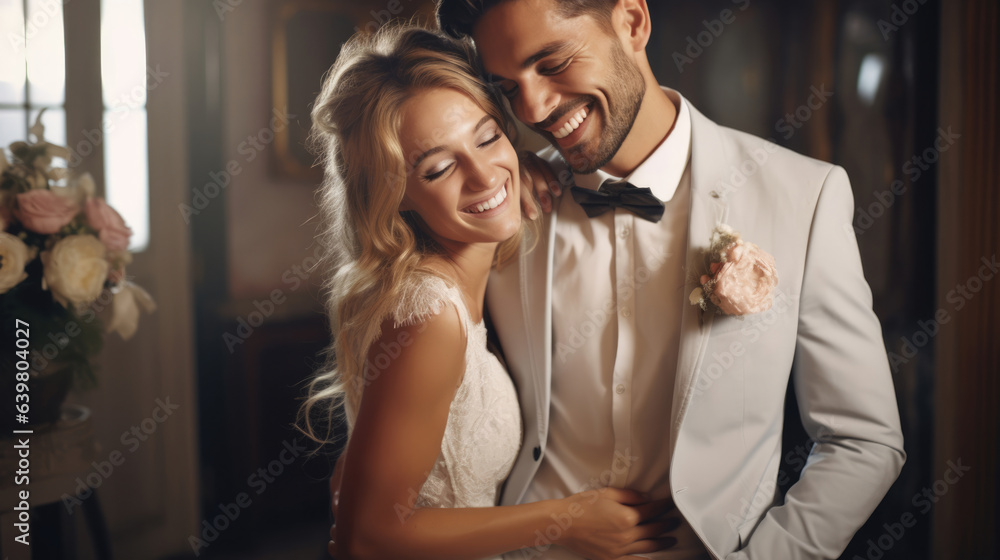 Amazing smiling wedding couple. Pretty bride and stylish groom.