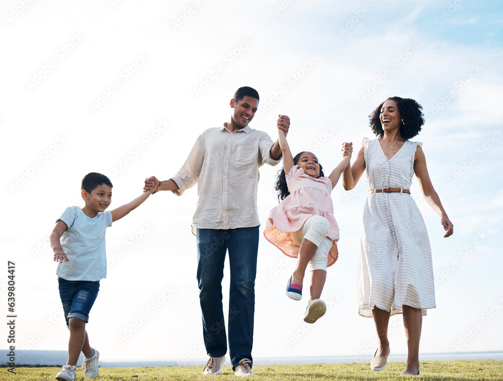 Family, walking and holding hands outdoor at a park with love, care and happiness together in nature