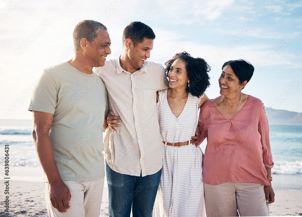 Ocean, senior parents with men and women together with smile, love and hug on summer holiday in Mexi