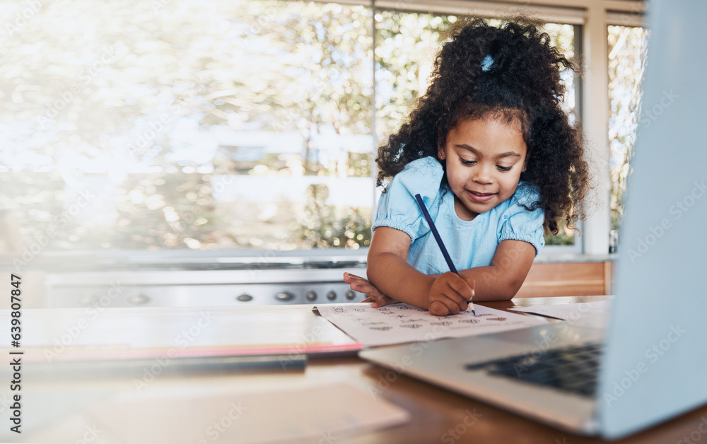 Elearning, laptop and child with notebook in kitchen, learning and education in home school. Online 