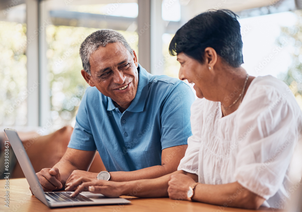 Senior couple, home and laptop for planning finance, retirement funding and investment or asset mana