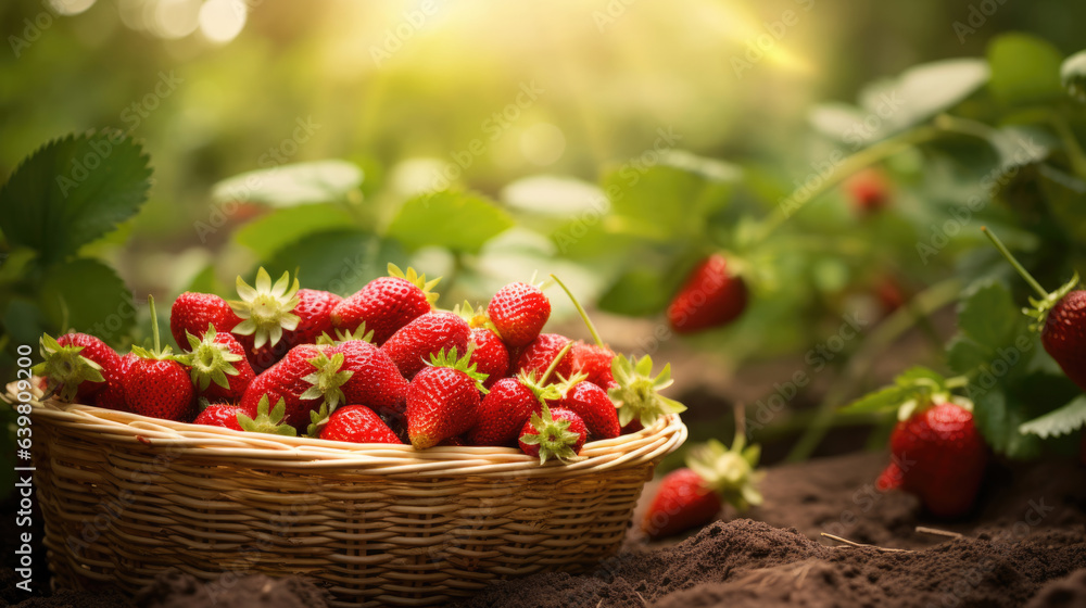 Strawberry field on fruit farm. Fresh ripe organic strawberry in basket