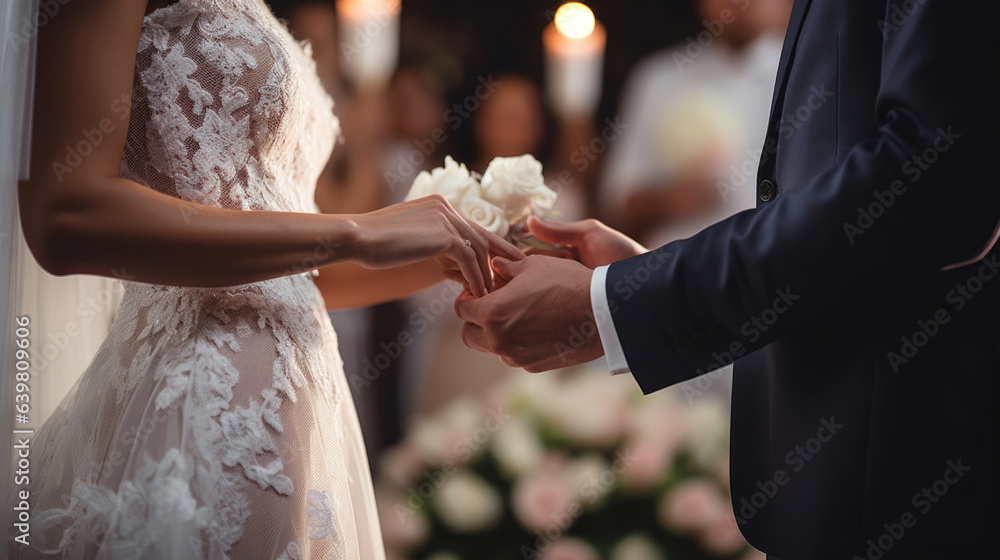 The groom in a blue suit puts a gold ring on the finger of the brides hand at the ceremony.