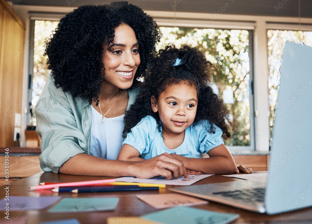 Online class, laptop and child with mom in kitchen, help learning and education in home school. Elea