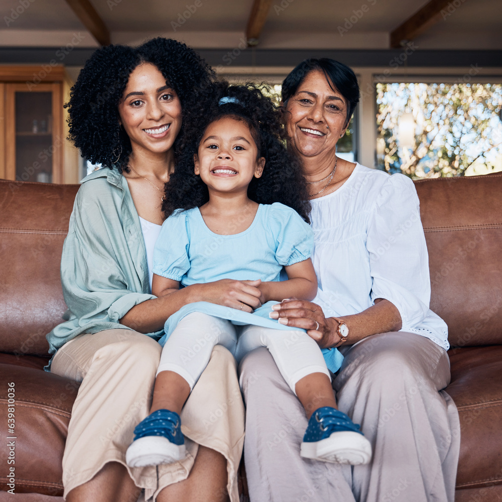 Love, portrait and happy family generation of child, mother and grandmother relax, connect and smile