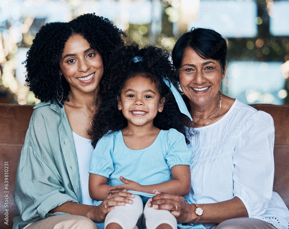 Grandma, mother and daughter on couch, portrait and smile with care, love and bonding in family hous