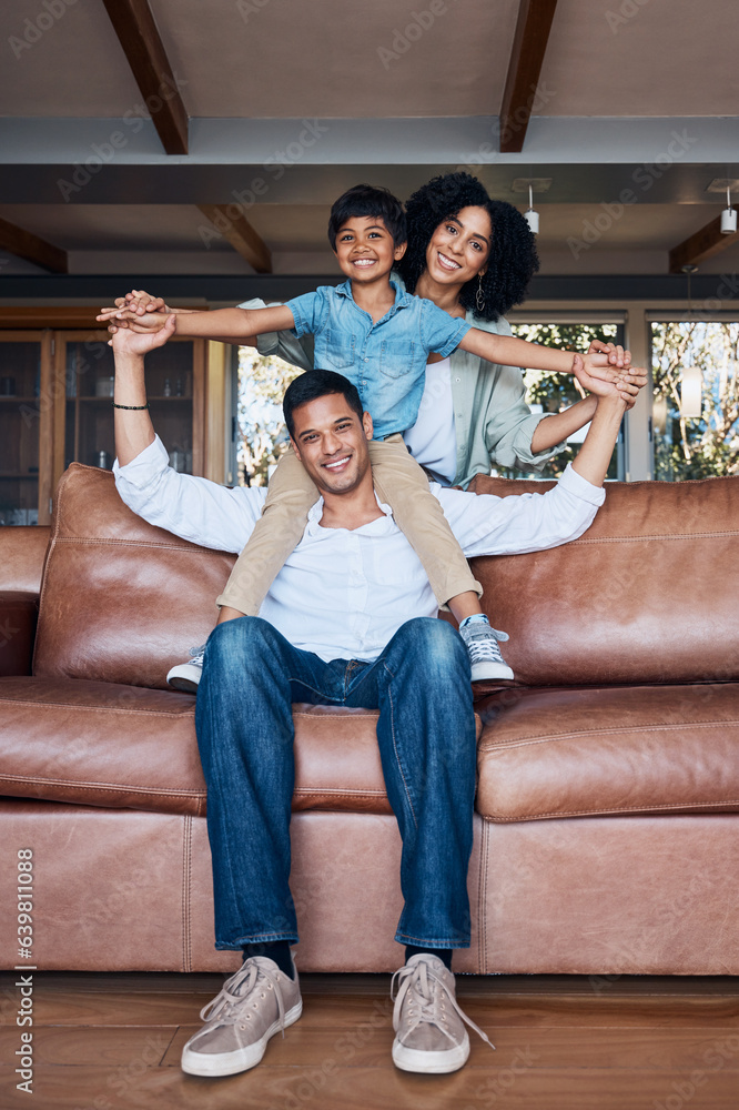 Smile, airplane and portrait with family on sofa for happy, bonding or peace on holiday. Love, care 