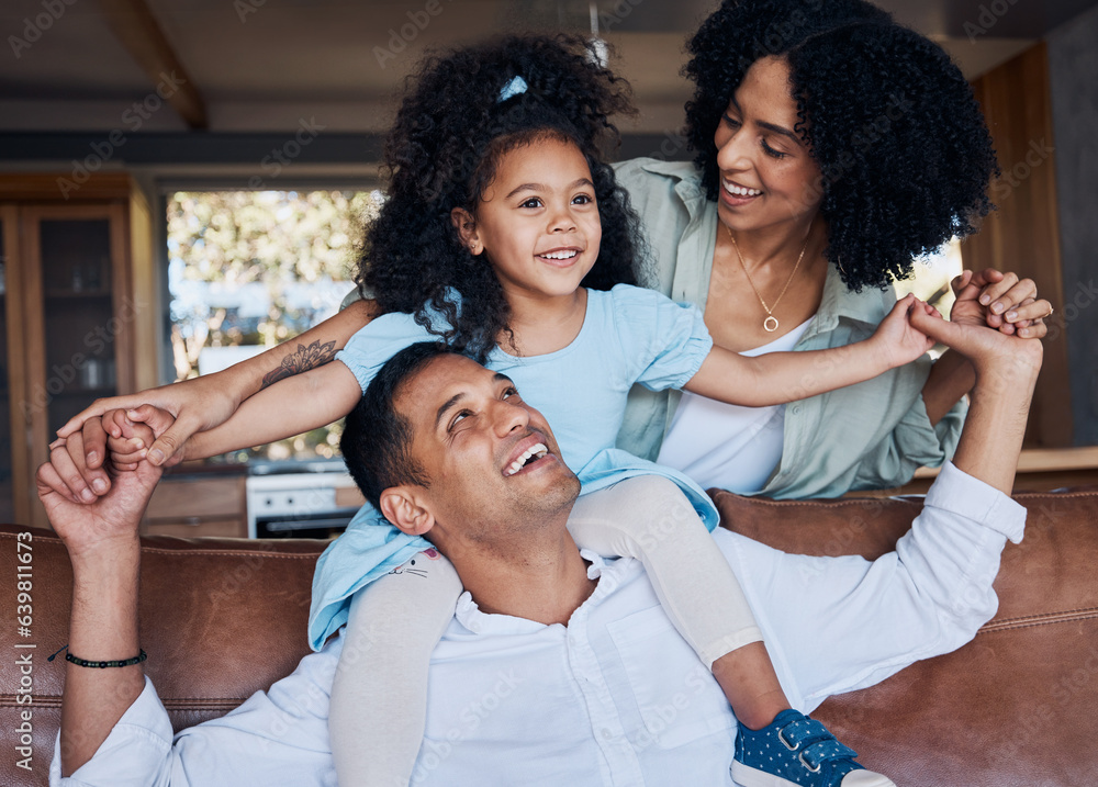 Family, parents and child, happiness and bonding with girl on dad shoulders at home, love and trust 