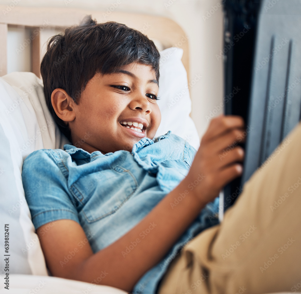 Happy, cartoon and a child with a tablet in the bedroom for movie, film or streaming games. Smile, r