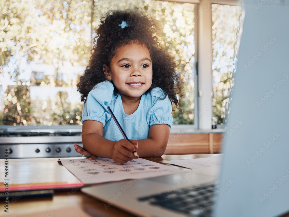 Online class, laptop and child with notebook in kitchen, learning and education in home school. Elea