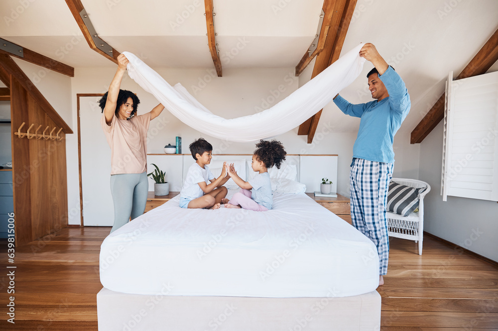 Blanket, fort and children on bed with parents for fun, play or hand game in their home. Bedroom, co