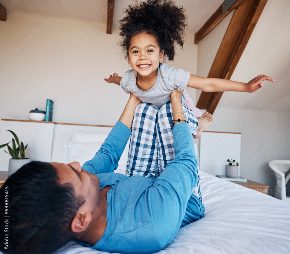 Portrait, airplane and smile of girl child with father in bedroom flying for fantasy, happiness, and