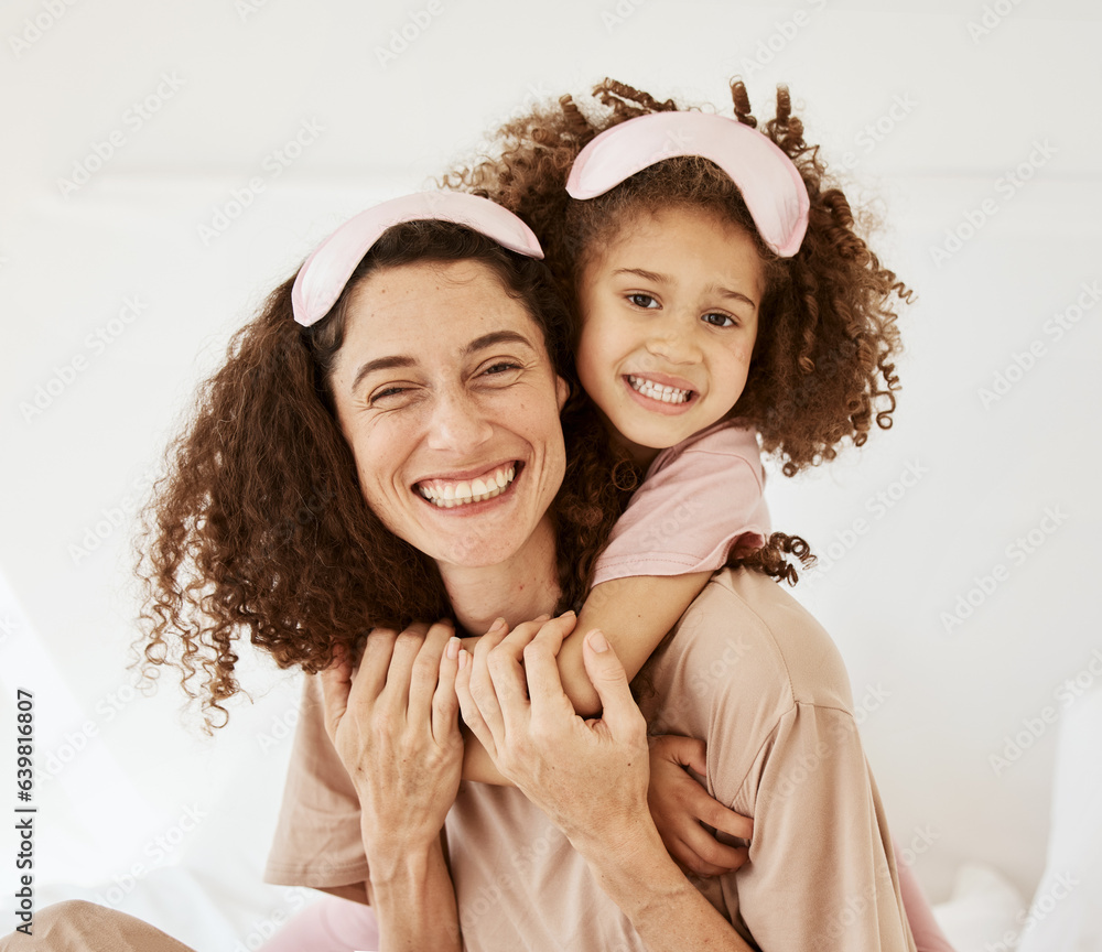 Mother, daughter and sleep mask, portrait and bonding with love, care and happy in the morning. Woma