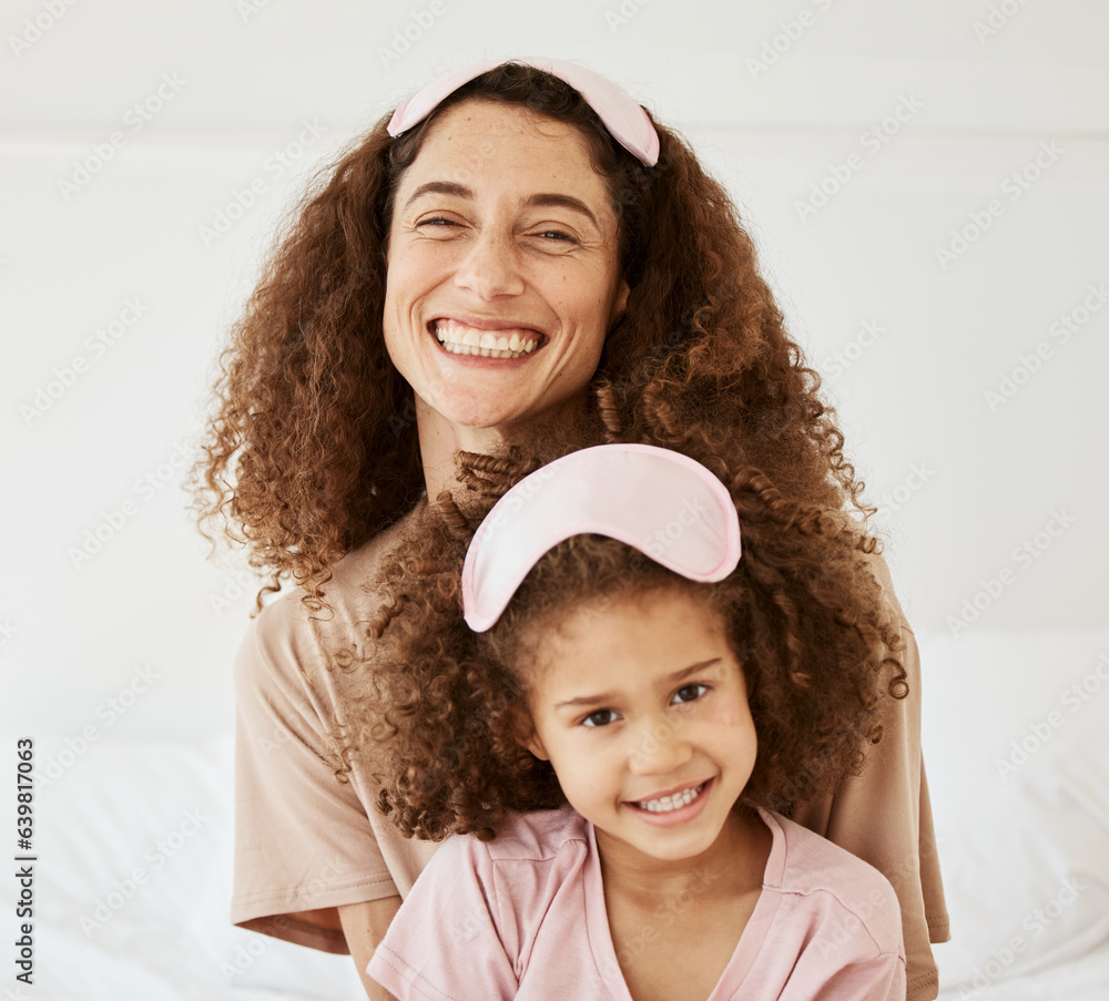 Mother, daughter and sleep mask, happiness in portrait and bonding with love and care in the morning