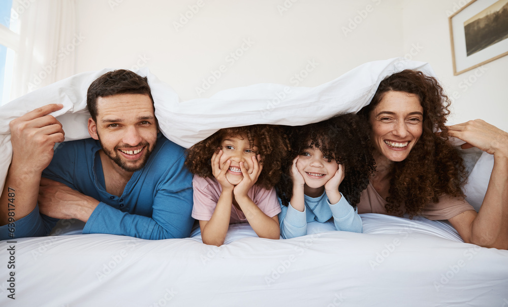 Bedroom portrait, kids and parents happiness, bond or relax morning wellness, love and home comfort.