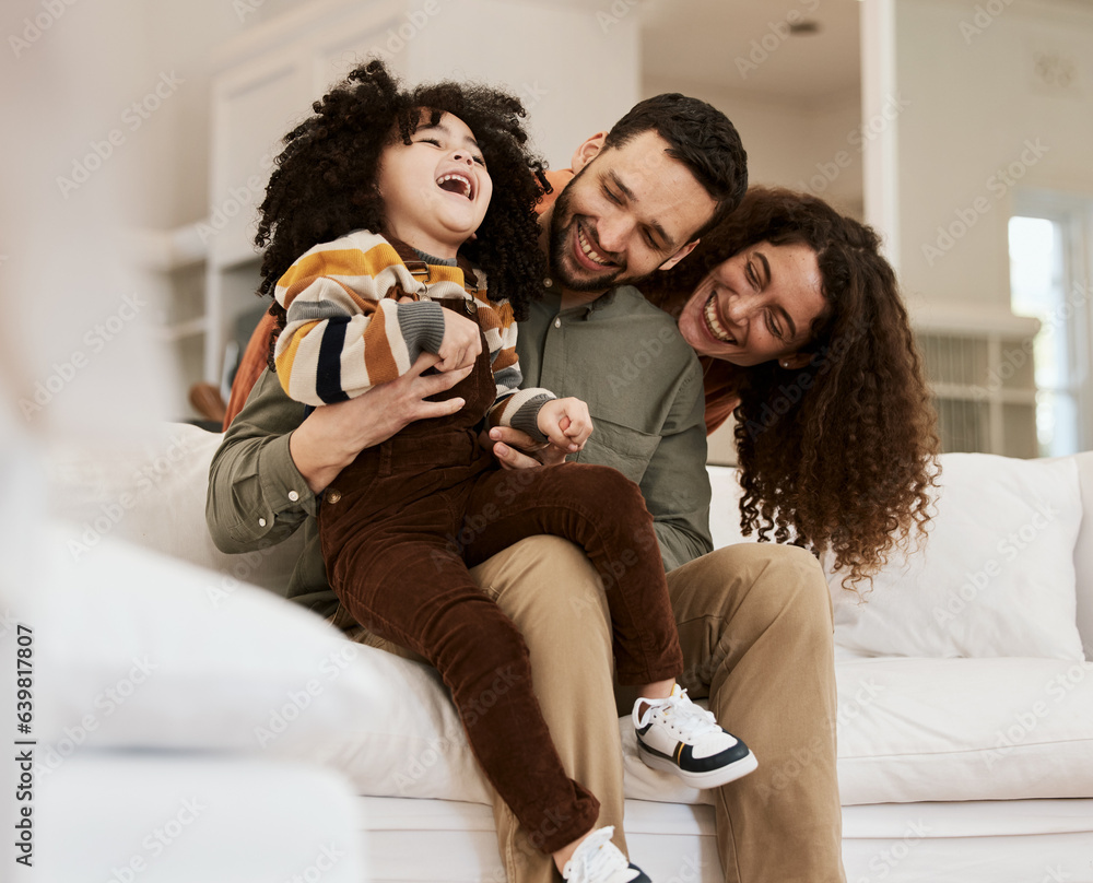 Family, dad tickling kid and mom, laughter and happiness at home with bonding and love. Fun together