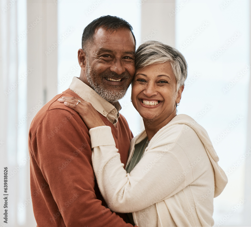 Happy, portrait and senior couple in home living room, bonding together and hug. Face smile, man and