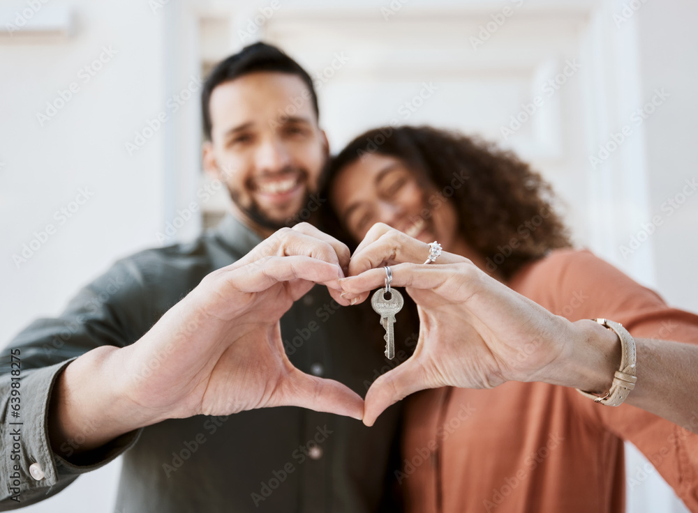 Keys, heart and hands by couple hug for real estate, success or mortgage loan in new home together. 