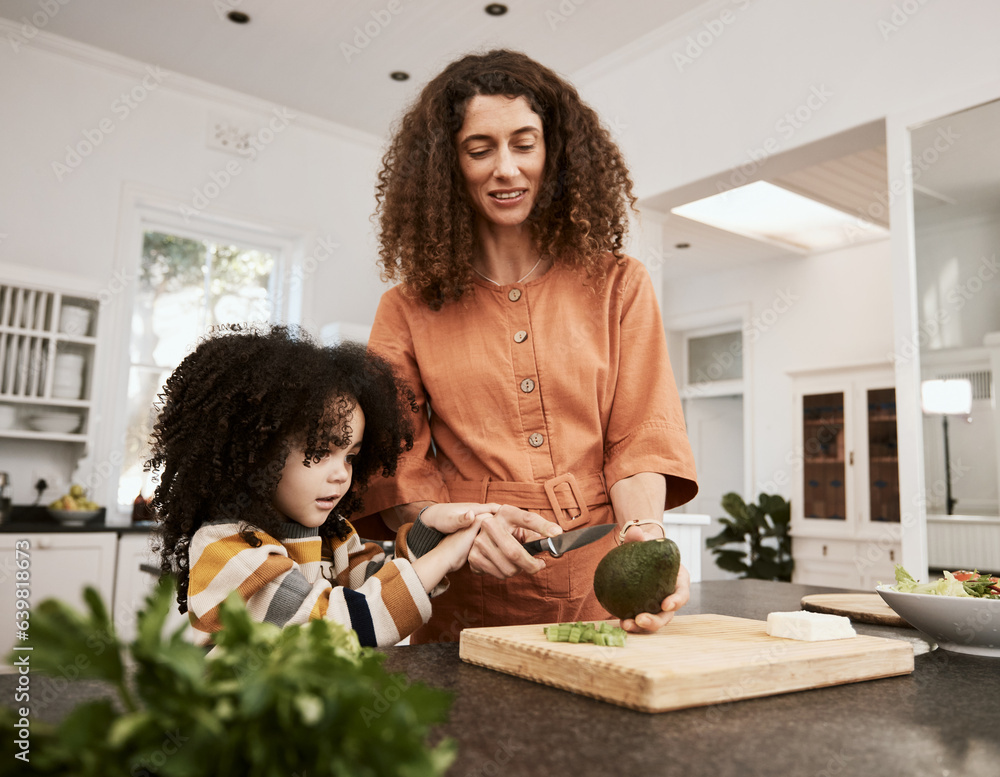 Food, avocado and a mother cooking with her daughter in the kitchen of their home together for nutri