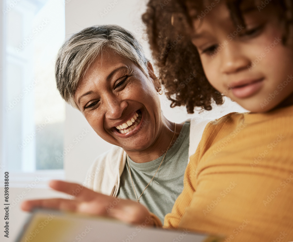 Happy family face, grandmother and child reading book, homework and bonding with babysitting senior 