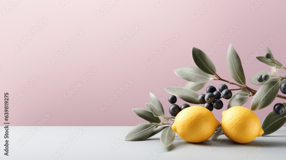 Lemons and berries with leaves on a pink background. Generative Ai