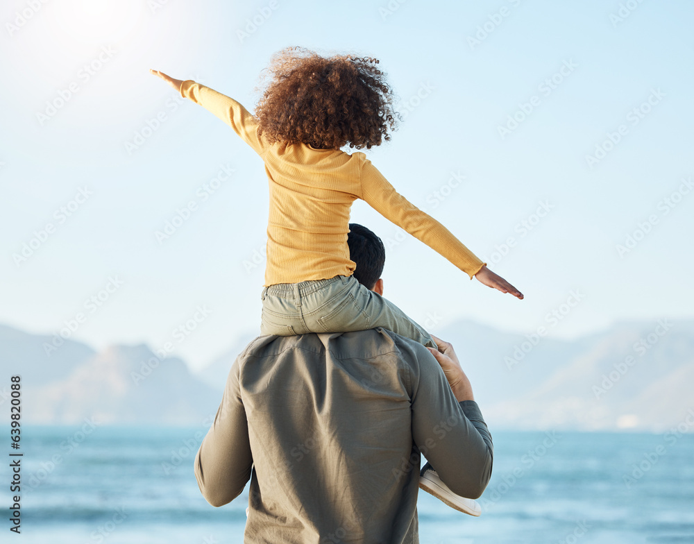 Piggyback, kid and father at beach view on vacation, holiday and bonding on mockup space. Dad, play 