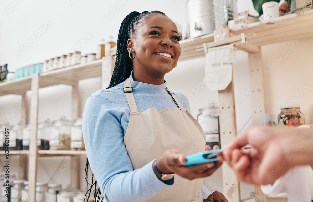 Sustainable shop, woman cashier and credit card with store and electronic transaction with small bus