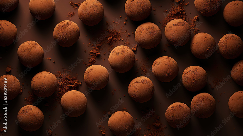 Chocolate truffles background, top view. Sweet cocoa candy. Generative AI