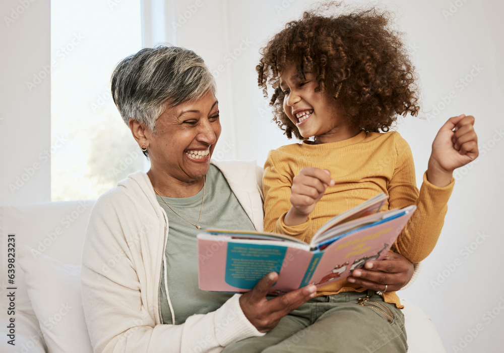 Happy family, grandmother and child reading book, laughing and bond with senior woman, funny story o