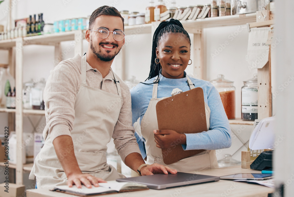 Grocery store, staff portrait and inventory checklist for a sustainable small business. Workers, job