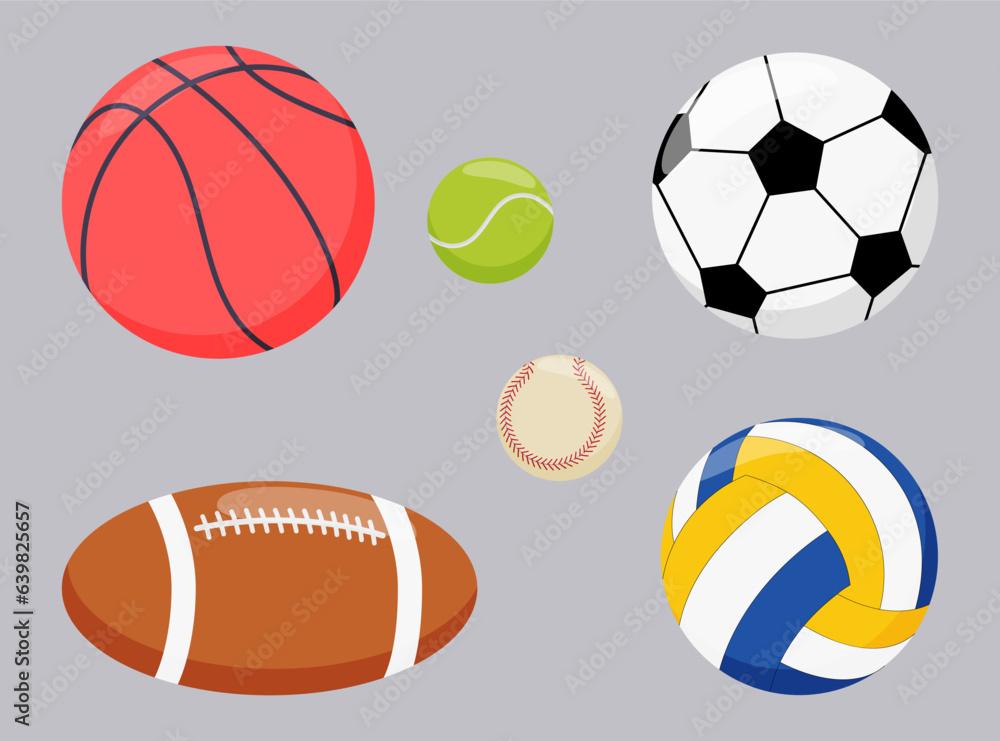 Different sports balls vector illustrations set. Equipment for sports, basketball, baseball, soccer,