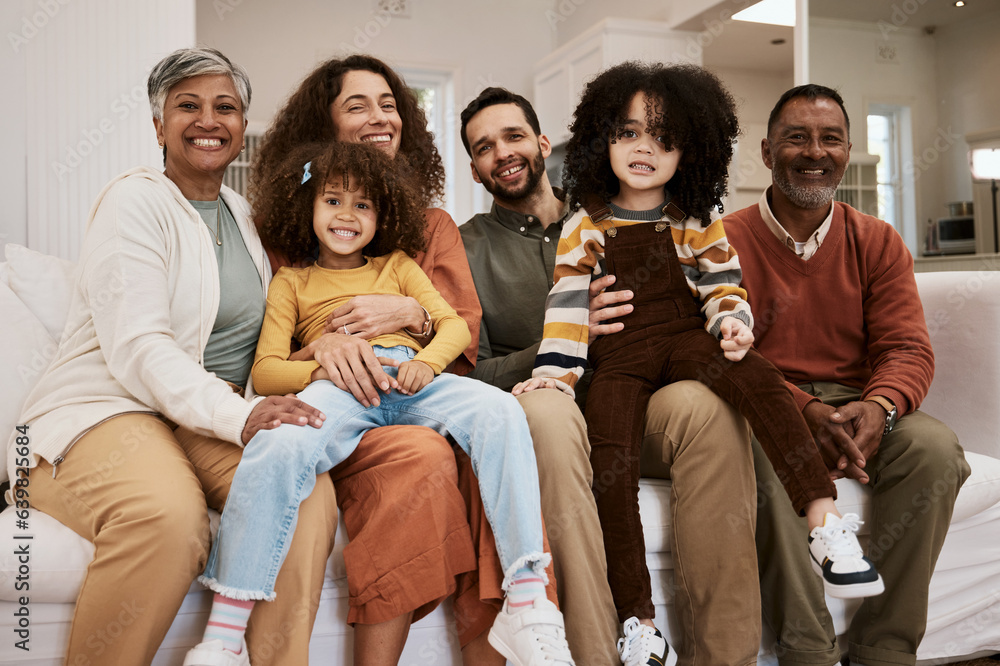 Happiness, home portrait and big family children, parents and grandparents smile, relax and enjoy qu