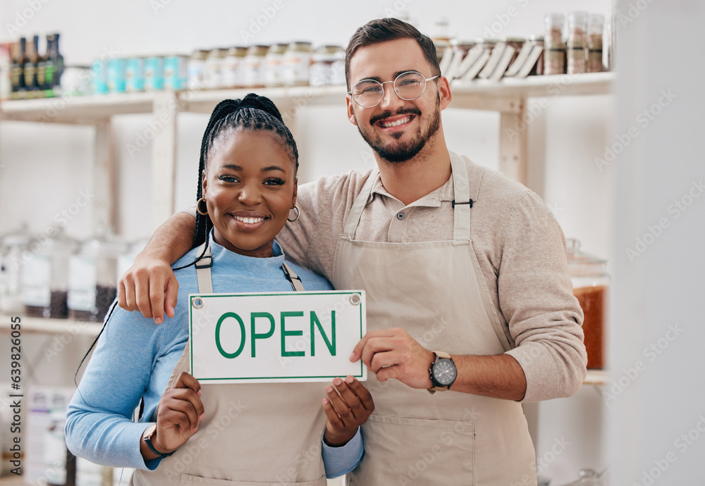 Open sign, partnership and team in small business or grocery store happy for service in a retail sho