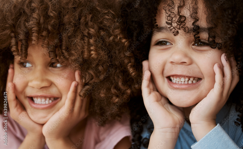 Siblings, closeup and hands on face of girl children and curly hair looking happy and adorable for k