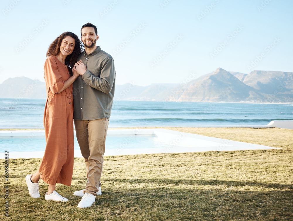 Couple, house pool and portrait with love, garden and happy from travel by the ocean. Smile, hug and