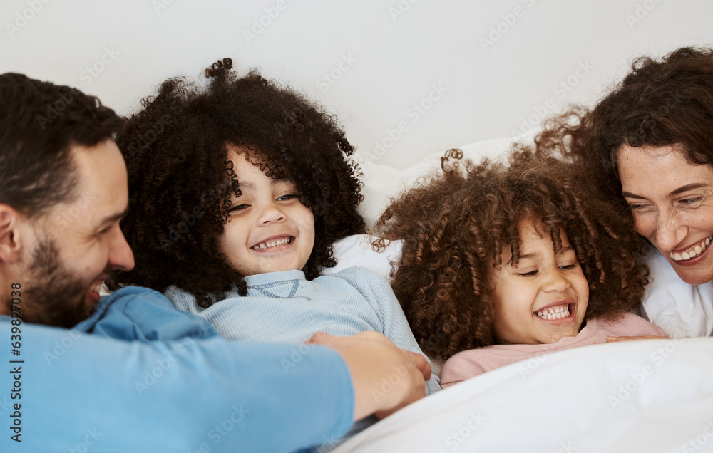 Bedroom, children and parents laughing, relax and bond with interracial kids, playful and enjoy funn