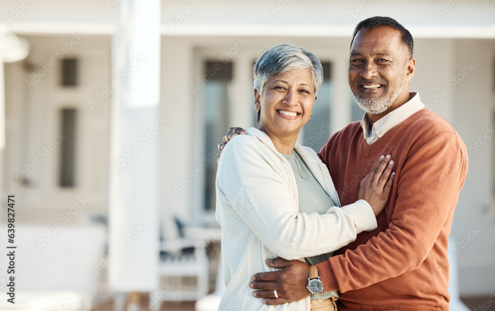 Portrait, mature couple and smile by home, bonding and having fun together. Happy face, Indian man a