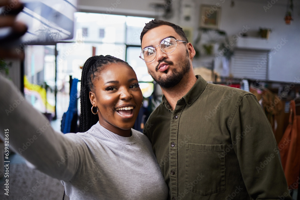 Couple, bond and selfie of people in clothing store for profile picture, social media and blog on in