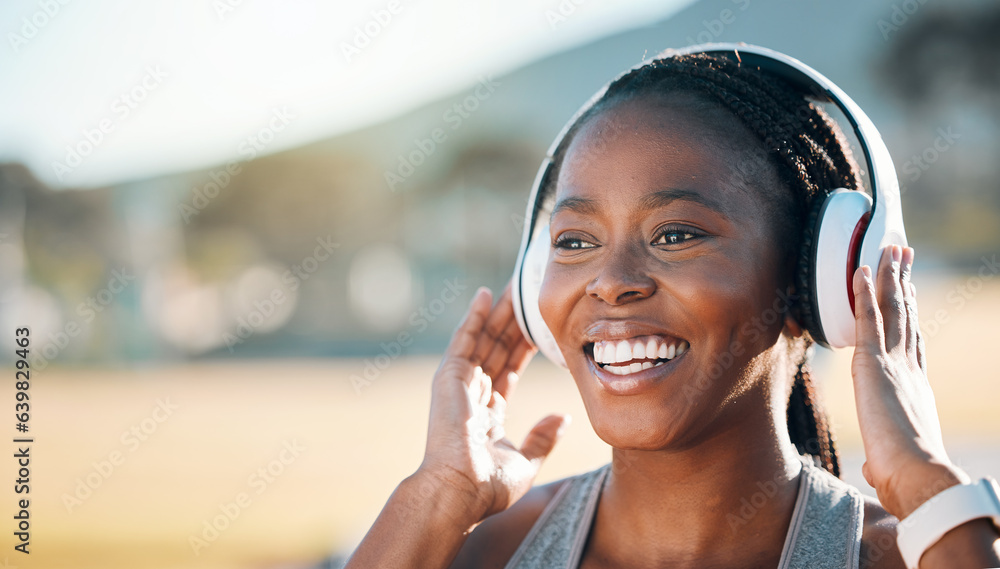 Headphones, mockup and black woman at fitness training or outdoor workout for health wellness and en