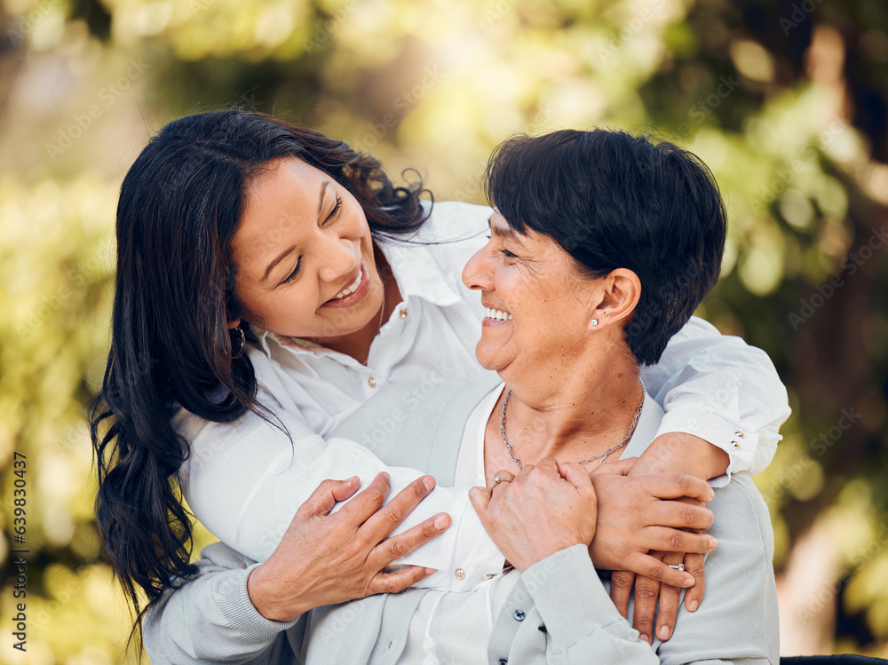 Daughter, mature woman and hug in garden with love on mothers day or women bonding with care for mom